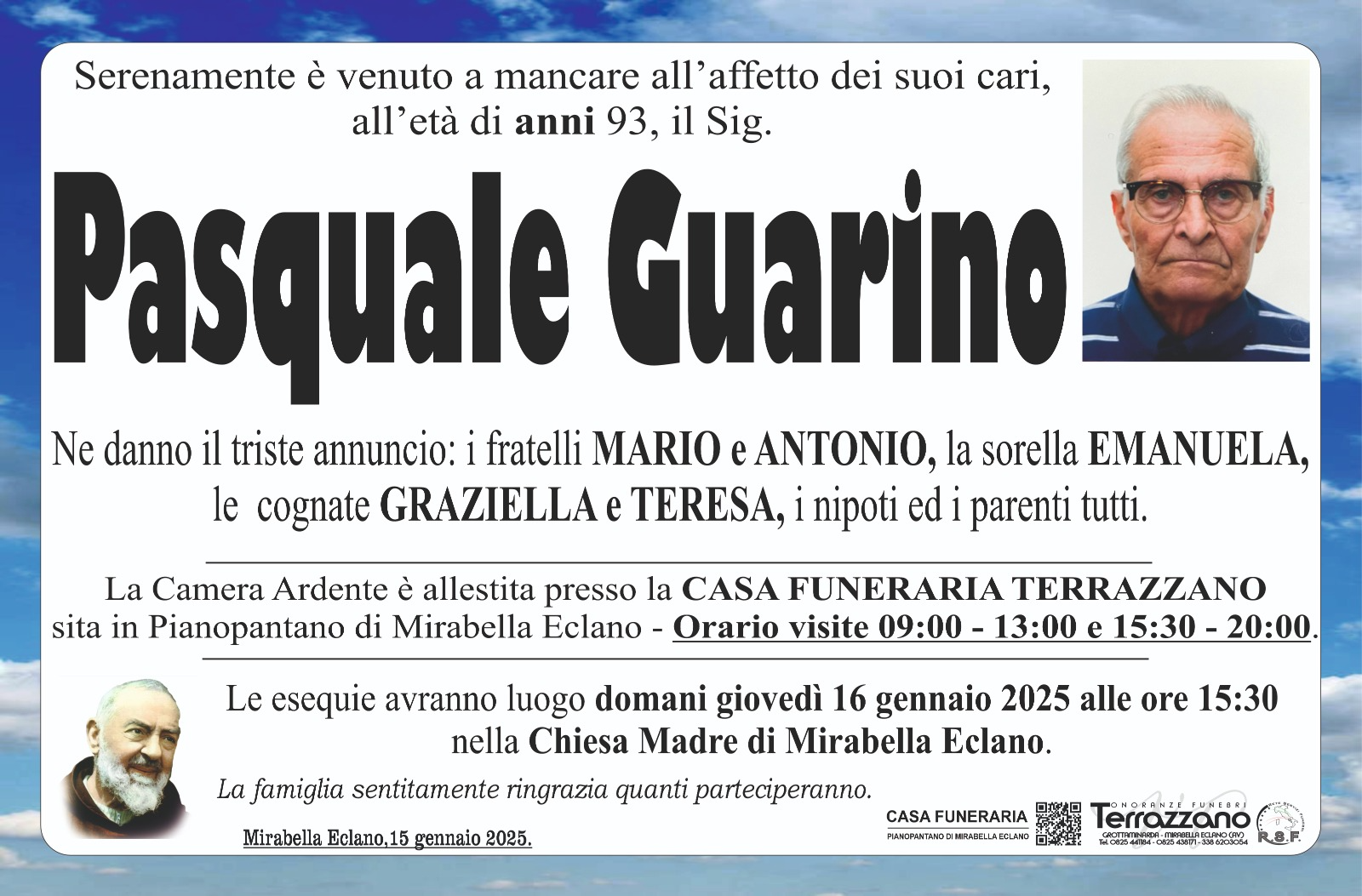Lutto Mirabella Eclano Pasquale Guarino. La Camera Ardente è allestita presso la Casa Funeraria Terrazzano. Onoranze Funebri Terrazzano Mirabella Eclano